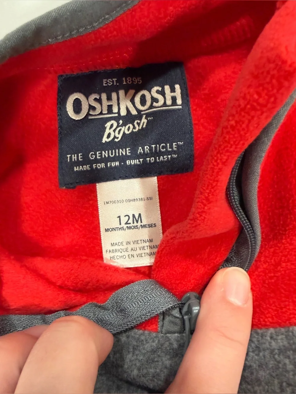 Oshkosh pullover, lightweight fleece sweatshirt, size 9 to 12 months, red & gray